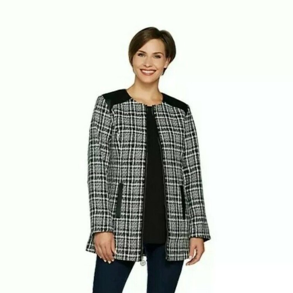 Dennis Basso | Tweed Jacket with Faux Leather Trim Accents | Teal